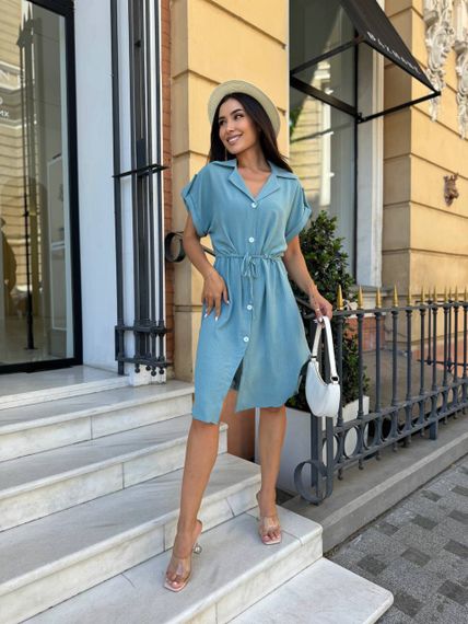 Женское летнее платье-рубашка с короткими рукавами на пуговицах турецкий лен-жатка adl773 цвет оливковый, размер 46/48