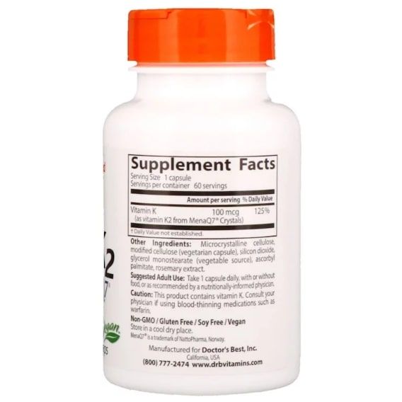 Витамин K Doctor's Best Natural Vitamin K2 MK-7 with MenaQ7 100 mcg 60 Veg Caps DRB-00334 | Зображення 1