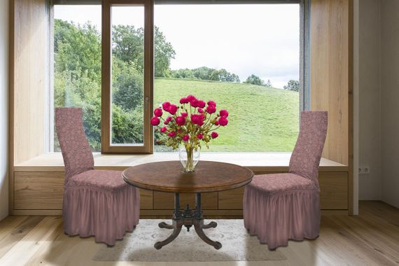 Жаккардовые чехлы на стулья Roza с юбкой Пудровые