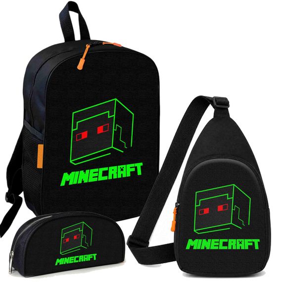 Набор Minecraft Крипер глаза 3 в 1: детский рюкзак + сумка-слинг + пенал, для мальчика и девочки 7–9 лет (6153)