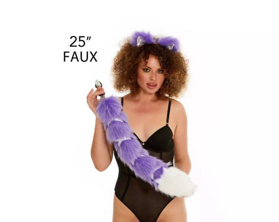 Анальний хвіст зі стрічкою без пробки, Фіолетовий з білим кінчиком, OKOVA 60 см. sexstyle