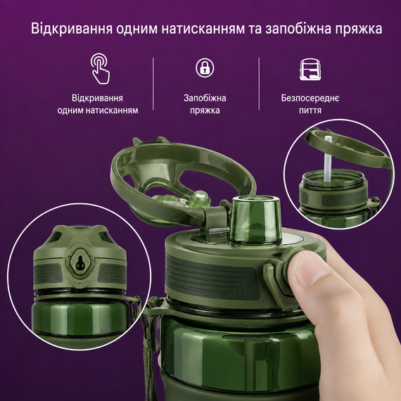 Бутылка KANGZYUAN 650 мл - Зеленая Tritan BPA-free, ударопрочная, спортивная с эргономичной крышкой | Зображення 5