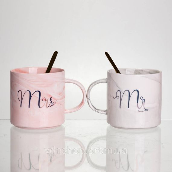 Набор парных фарфоровых чашек Mr&Mis 2 (шт) по 400 (мл) чашки на подарок с ложкой FM-28