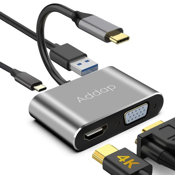4в1: мультифункциональный адаптер для ноутбука USB Type-C хаб Addap MH-02: HDMI + VGA + USB 3,0 + USB-C PD