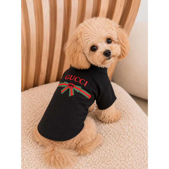 Брендовая футболка для собак Gucci с зелено-красной полоской и бантом на спинке, черная