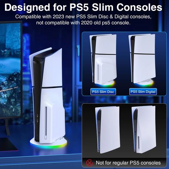 Вертикальний стенд BebonCool для Sony PlayStation PS5 Slim з RGB підсвічуванням і 2 USB Hub Білий | Зображення 6
