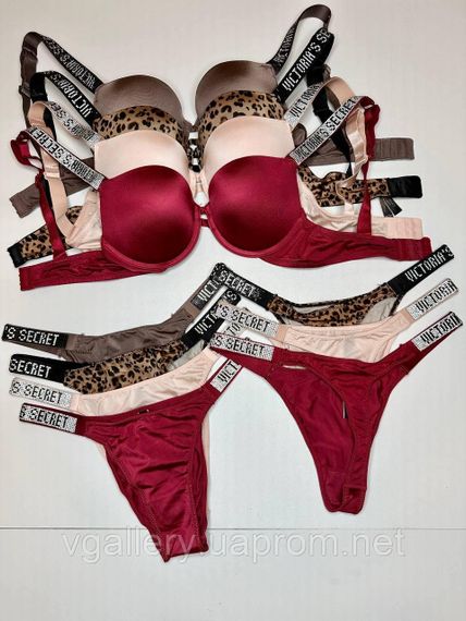 Комплект Трійка - Топ+Танга+Стрінги Victoria's Secret зі стразами, Жіночий купальник Вікторія Сікрет, Чорний, 75C | Зображення 2