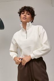 Короткий світшот із декоративними швами та блискавкою на горловині - молочний цвет, M (є розміри)