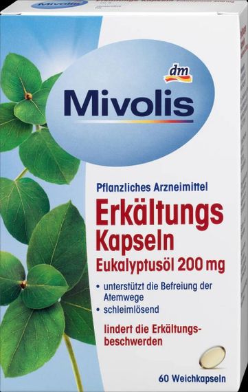 Капсули евкаліптової олії "Mivolis" при застуді для відхаркування слизу та очищення дихальних шляхів, 60 шт., Німеччина