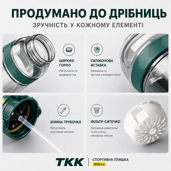 Спортивна пляшка TKK 2000 мл, Tritan (BPA-free), зелена. Ударопрочная бутылка с трубочкой и ремешком для фитнеса и тренировок | Зображення 4