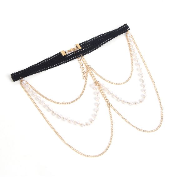 Гартер на ніжку Star Night з підвісками із золотистих ланцюжків та ряду перлин, One Size sexstyle | Зображення 1