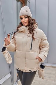 Жіноча тепла куртка з капюшоном колір бежевий р.M 447728