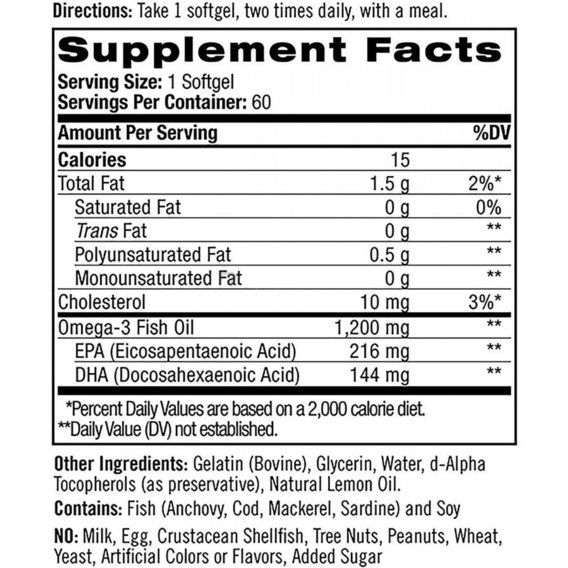 Омега 3 Natrol Omega-3 Fish Oil 1200 mg 60 Softgels Natural Lemon Flavor NTL-04409 | Зображення 1