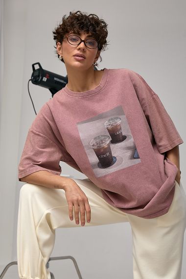 Оверсайз футболка з принтом "Coffee Cups" - пудра цвет, ONE SIZE (є розміри)