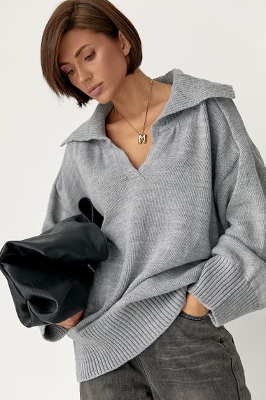 В'заний светр-поло вільного крою - сірий цвет, ONE SIZE (є розміри) | Зображення 4