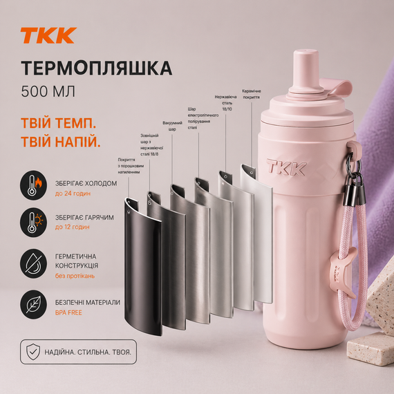 Термос-пляшка для напоїв з трубочкою 500 мл. нержавіюча сталь рожевий | Зображення 5