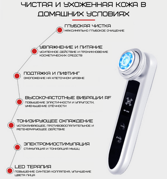 Микротоковый Массажер Для Лица RF + Светотерапия + EMS + Холодные Компрессы и Прибор Для Лифтинга и Подтяжки Мышц Лица | Зображення 2