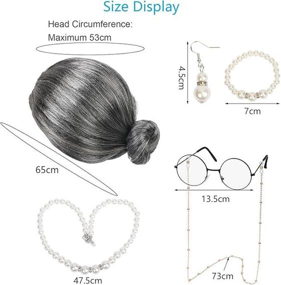 Перука бабусі сива з гулькою, комплект для образу старої леді з окулярами, намистом, сережками для виступів, косплею, Хелловіну | Зображення 5