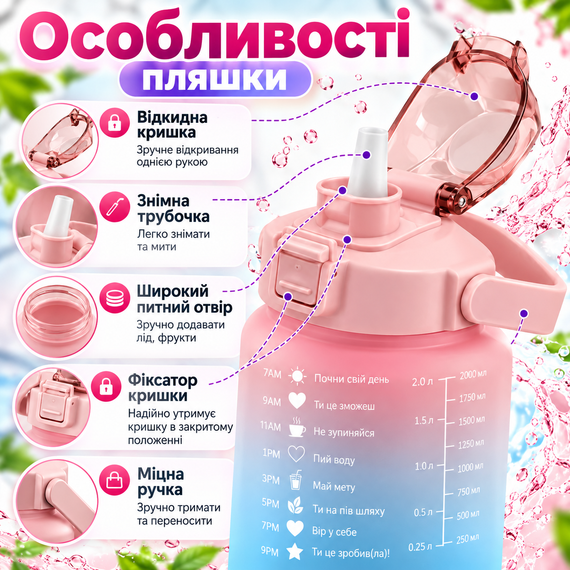 Спортивная бутылка для воды XL 2000 мл розовая матовая с градиентом трубочкой ручкой и защитной крышкой для фитнеса | Зображення 7