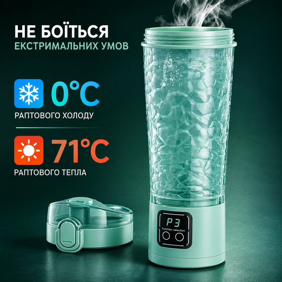 Электрический аккумуляторный шейкер (700 мл) - Зеленый глянец, USB-зарядка и антискользящий дизайн | Зображення 7