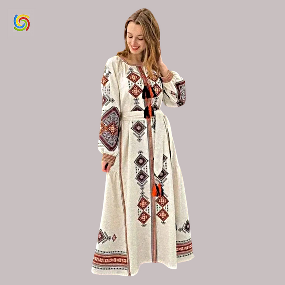 Платье Украинская вышиванка  32959 цвет бежевый размер L/XL