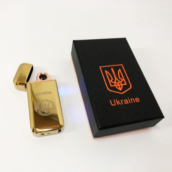 Дугова електроімпульсна запальничка USB Герб України індикатор заряду, ліхтарик HL-442. Колір: золотий | Зображення 7