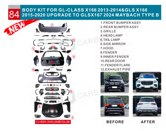 Комплект рестайлінгу з X166 в GLS X167 Maybach (Type-B) для Mercedes GL/GLS сlass X166 2012-2019 рр