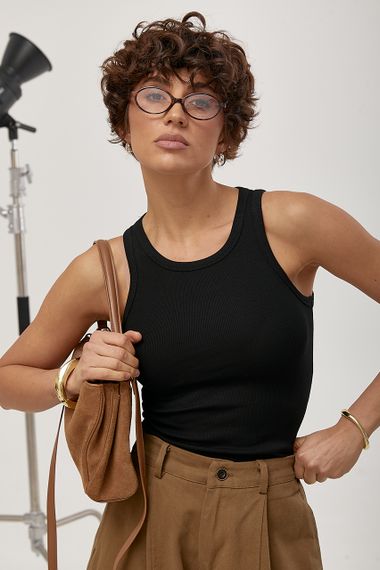 Приталена однотонна майка в рубчик - чорний цвет, ONE SIZE (є розміри) | Зображення 4