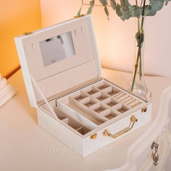 Шкатулка для украшений из эко кожи 2 яруса с зеркалом органайзер для ювелирных изделий HP-5-15W | Зображення 6