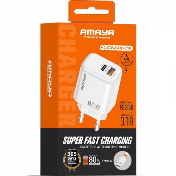 МЗП Amaya E43D PD20W (1USB-A/1C) + кабель USB to Type-C White | Зображення 1
