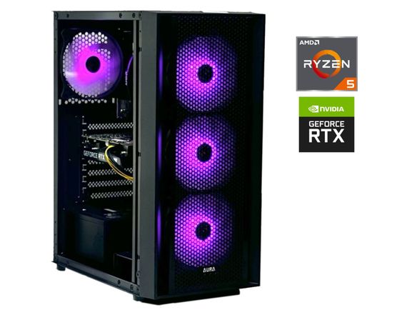 Ігровий ПК Aura Tower / AMD Ryzen 5 3600 (6 (12) ядер по 3.6 - 4.2 GHz) / 16 GB DDR4 / 480 GB SSD / nVidia GeForce RTX 3050, 8 GB GDDR6, 128-bit / 600W