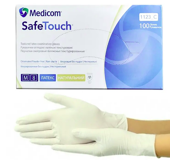 Рукавички оглядові латексні текстуровані без пудри нестерильні Medicom SafeTouch E-Series (розмір M)