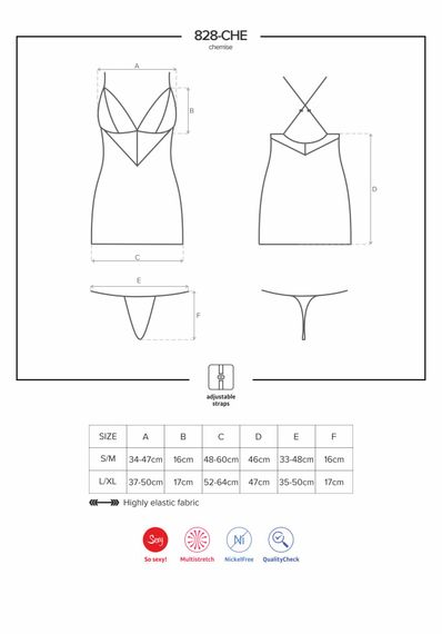 Сатиновый комплект для сна с кружевом Obsessive 828-CHE-1 chemise & thong L/XL, черный, сорочка | Зображення 6