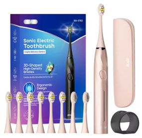 Взрослая Электрическая Зубная Щетка Звуковая Беспроводная Seago Sonic SG2752 5 Режимов 8 Насадок + Кейс и Подставка Розовая