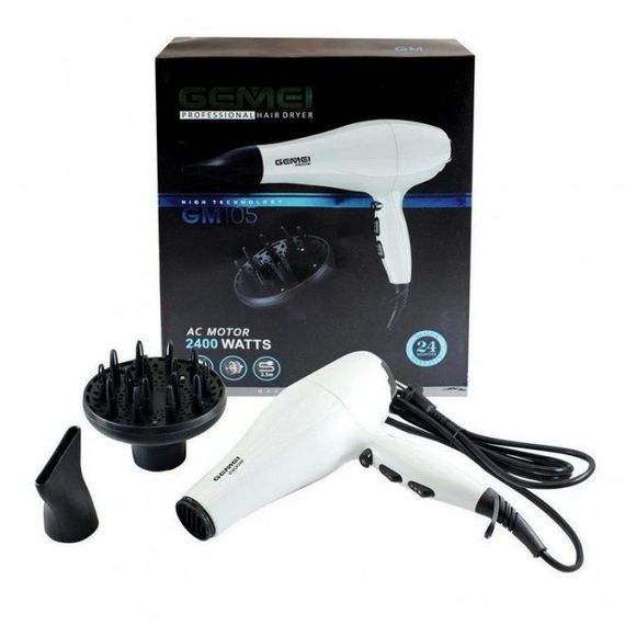 Фен профессиональный для волос с 2 насадками GEMEI GM-105 2400 Вт белый (GM-105) | Зображення 2