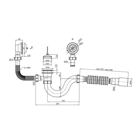 Сифон для ванни Kroner KRP - BS02 1 1/2"х40/50 мм з переливом, прямоточний | Зображення 1