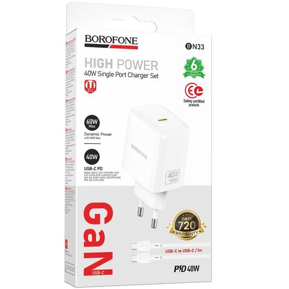 СЗУ Borofone BN33 Fuente PD40W (1USB-C) + кабель Type-C to Type-C White | Зображення 1