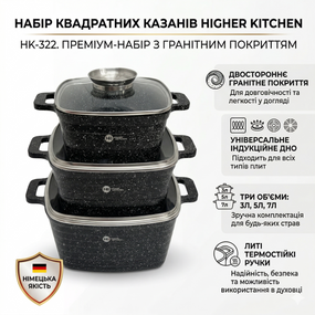 Набір квадратних каструль ЧЕРНЫЕ із гранітним покриттям Higher Kitchen HK 322 на 6 предметів із кришками