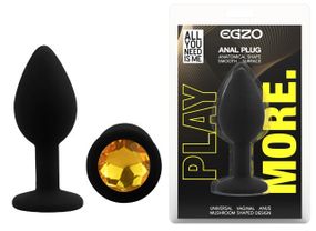 Анальная пробка силиконовая EGZO Silicone Round Plug S черная с золотым кристаллом Sex Aura