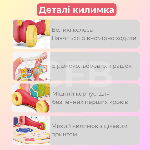 Дитячий розвиваючий килимок ходунки 2в1 коврик для немовлят музичне піаніно, каталка, світловий проектор, бізіборд Рожевий | Зображення 4