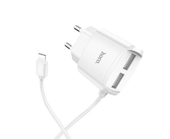 Мережевий зарядний пристрій Hoco 2хUSB із вбудованим кабелем lightning  White (C59A) | Зображення 1