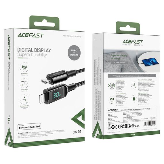 Дата кабель Acefast MFI C6-01 USB-C to Lightning zinc alloy digital display braided (1.2m) Black | Зображення 5