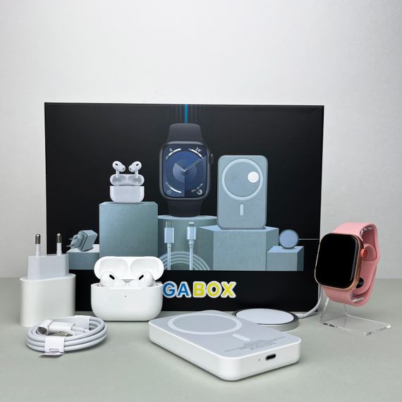 Комплект Megabox 6в1 - Watch 9 / Air Pro 2 / Battary Pack / MagSafe / 20W Type-С / Кабель 3х / Ремінець (Рожевий) UA