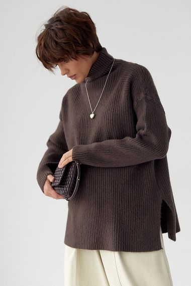 В'язана туніка в рубчик із високою горловиною - коричневий цвет, ONE SIZE (є розміри)