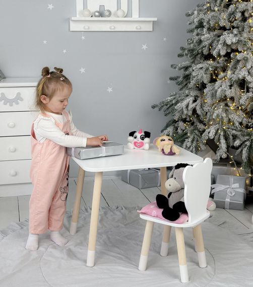 Прямокутний стіл і стільчик дитячий білий ведведик. Столик для уроків, ігор, їжі. | Зображення 6