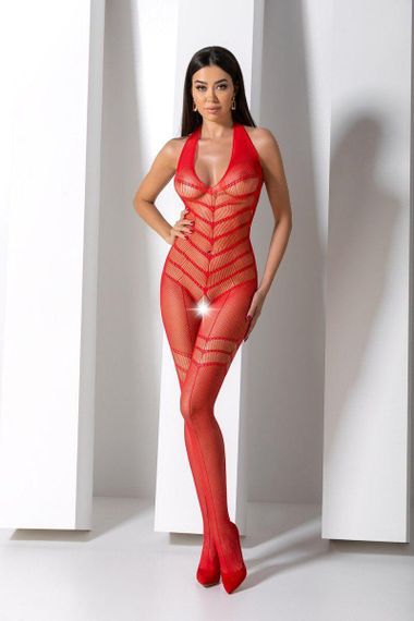 Бодістокінг з плетінням на животику Passion BS100 One Size, red, декоративний шов, з доступом Sex Aura | Зображення 8