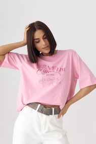 Бавовняна oversize футболка з принтами - рожевий цвет, ONE SIZE (є розміри)