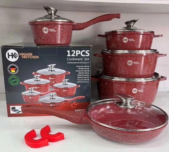 Набір посуду Higher Kitchen НК-305 Алюміній із гранітним покриттям 12 предметів Червоний | Зображення 2