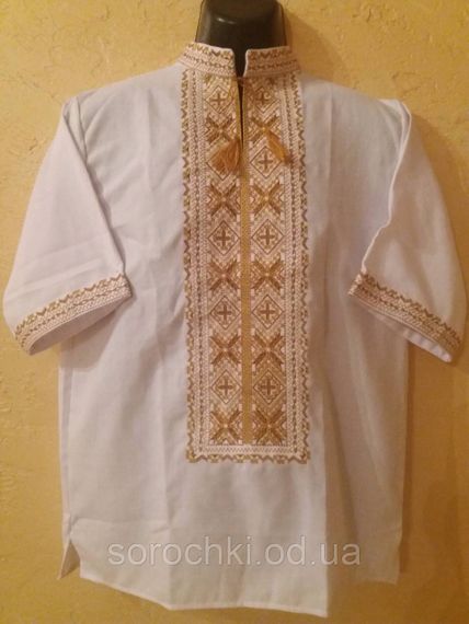 Вышиванка мужская  белая, короткий рукав, вышивка " Крест Велеса", лен