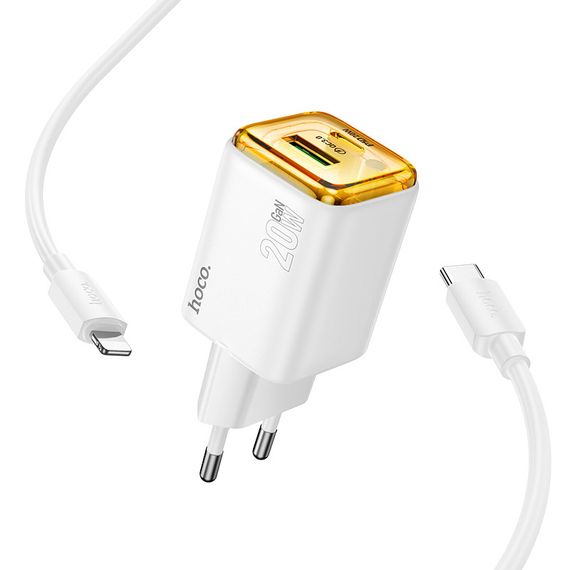 МЗП Hoco N52 Monsoon PD20W+QC3.0 (1USB-A/1C) + кабель Type-C to Lightning White | Зображення 1